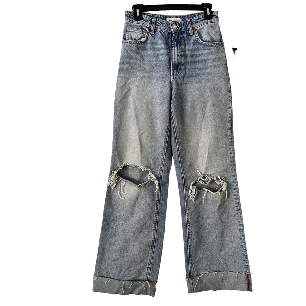 Zara Wide Leg High Waist Raw Edge Denim Jean Size 4 Cuffed